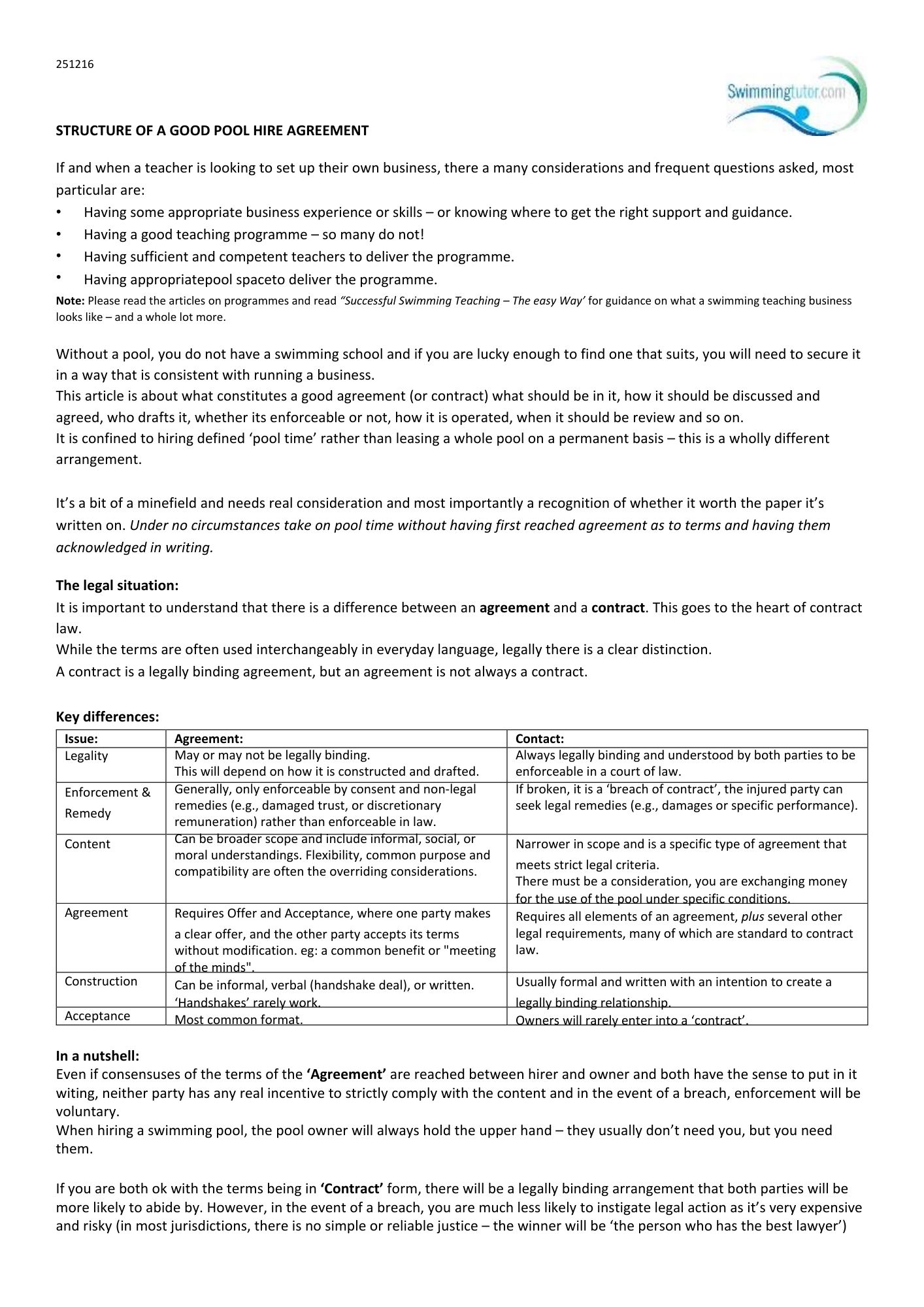 What Constitutes a Good Pool Hire Agreement - Swimming Tutor